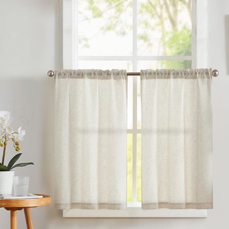 Rideau Cuisine Court Uni Beige Faux Lin Passe Tringle 65x60cm 2 Pièces pour Salon Fenetre Placard Petite Rideau Brise bise sous evier Boheme Moderne Chambre Décoration Caravane Porte café (1/5)