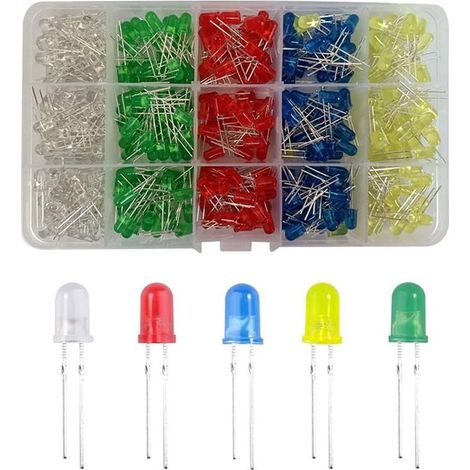 Kit de 400 diodos LED de 5 mm，Diodos luminosos de 2 pines，Lámpara LED de cabeza redonda，Blanco/Verde/Rojo/Azul/Amarillo (1/5)