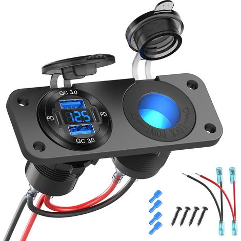 Amélioré 4 Ports Prise USB 12 Volts Panneau Prise Allume-Cigare, Double Port USB PD3.0 et Double Port QC3.0 Chargeur Voiture en Aluminium avec voltmètre et Prise éclairée 150W, kit DIY 2 en 1 (1/5)