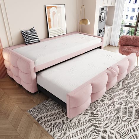 Divano letto estraibile 90/180x190 cm rosa, tessuto teddy con rete a doghe (1/5)