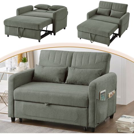 Divano trasformabile a 2 posti con tasche laterali, schienale regolabile in 3 posizioni, per soggiorno/camera da letto, lino, 114×77×82cm, verde (1/5)