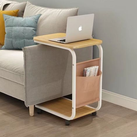 Table d'appoint roulante avec rangement, table de chevet moderne, roulettes et pieds réglables, design en U, compacte pour canapé, mini table basse avec pochette, finition pied blanc + plateau bois (l
