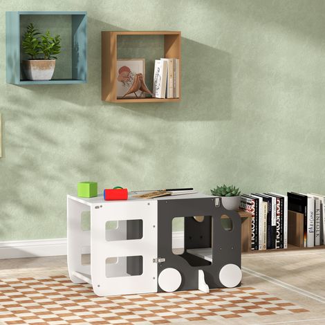 Échelle Montessori pliable 4 en 1 pour enfants de 3 à 6 ans avec 2 tableaux noirs et un ensemble table et chaise, tour Montessori en forme de voiture en MDF et pin, 58 x 46 x 92 cm, blanc (1/5)