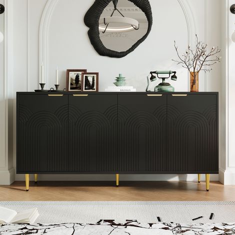 Credenza bassa da soggiorno con 4 ante - mobile contenitore con maniglie dorate e piedi di design - 160x80x40 cm - nero
