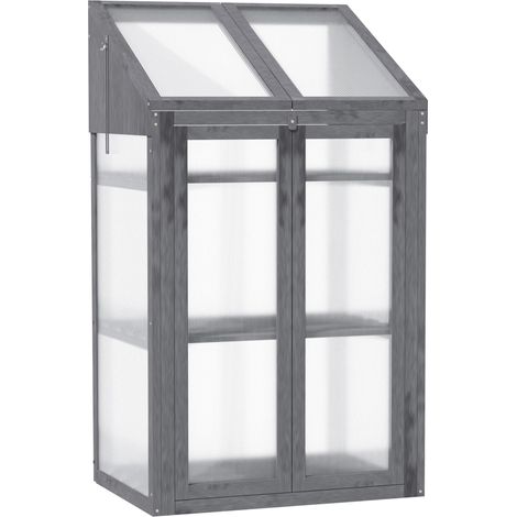 Mini serre en bois avec 3 étagères, 70 x 50 x 120 cm, abri de jardin avec fenêtre et double porte, gris (1/5)