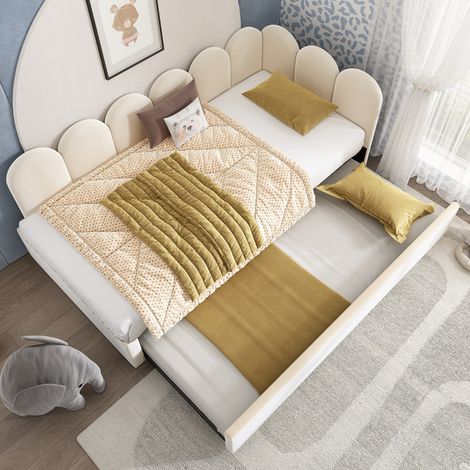Banquette‑lit Rembourrée 90x200cm – Canapé‑lit avec lit gigogne 90 × 190 cm – Sommier à lattes pour enfant – Revêtement en velours – Beige – Matelas non inclus (1/5)