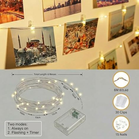 Warm White LED Photo Clips String Lights with 30 Clips and 15 Hooks on the Wall, Timer 2 Modes for Bedroom, Photo Wall, Living Room, Christmas, Weddings, Parties (1/4)