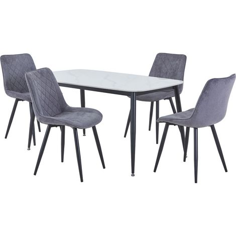 Aspen Gloss White Sintered Stone Rectangular Table & 4 Grey Fabric Chair Set - Metal - L54 x W53.5 x H85.5 cm