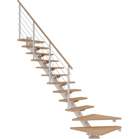 Dolle Mittelholmtreppe Sydney in Eiche weiß, geölt 75 cm breit 1/4 gewendelt für Geschosshöhen 259 – 315 cm UK Metall Weiß mit einseitigem Designgeländer