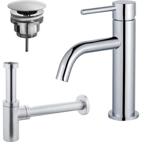Fortifura Calvi Slim Kit mitigeur lavabo - robinet bas - bonde nonobturable - siphon design - Chrome brillant