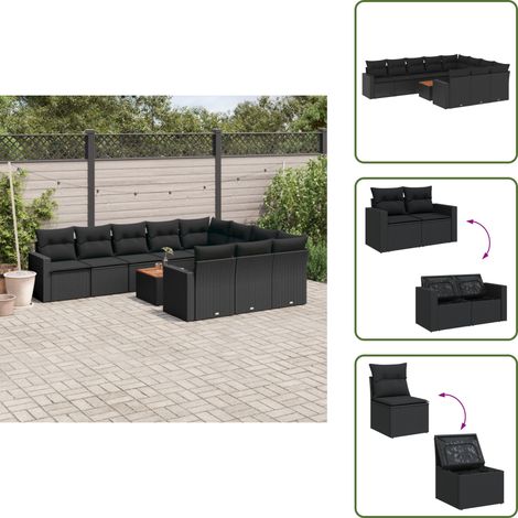 11-tlg. Garten-Sofagarnitur mit Kissen Schwarz Poly Rattan - Gartenmöbel Set - Lounge Möbel - Rattan Gartenmöbel - Outdoor Möbel - Esstisch Set (1/5)