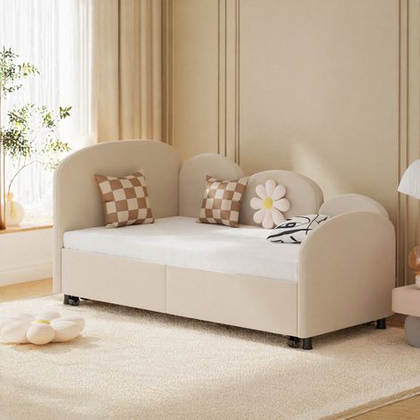 Kinderbett 90x200 cm Blumenform in Beige aus Samt mit Schublade und seitlichem Sicherheitsrand (1/5)