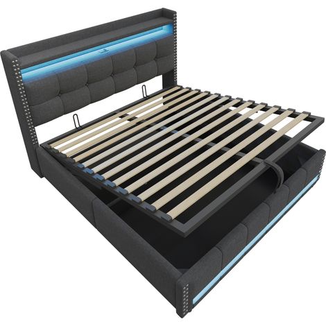 Lit rembourré 180x200 cm gris en lin avec LED USB et rangement hydraulique (1/5)