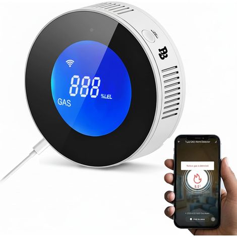 Intelligenter, WLAN-fähiger Gasdetektor für Erdgas, Methan, Flüssiggas und Kohlenmonoxid, LCD-Display, 85 dB Alarm, App-kompatibel, EN 50194-zertifiziert