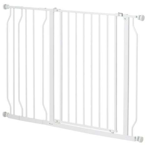 Barrera para perros, montaje con abrazadera, longitud ajustable, acero/ABS, 75-115 x 76 cm, blanca, disponible en el lugar. (1/5)