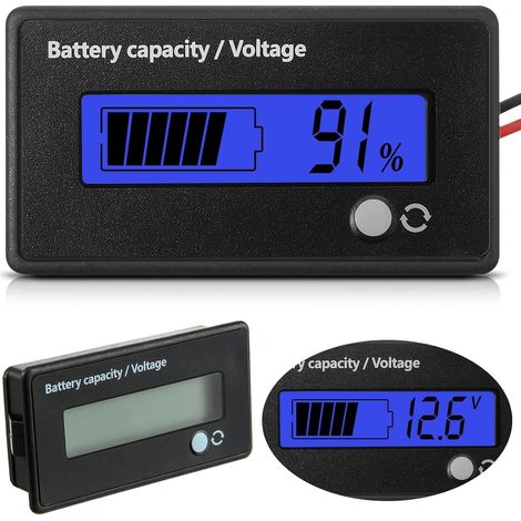 Compteur de batterie CC 12 V 24 V 36 V 48 V 72 V avec alarme, indicateur de capacité de batterie, moniteur de tension et indicateur lithium-ion (lumière bleue) (1/5)