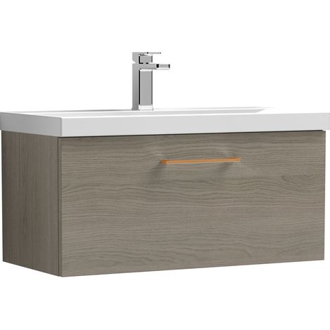 Balterley 800mm Wall Hung Bathroom 1 Drawer Vanity Unit and 1 Tap Hole Ceramic Basin, Woodgrain Mid Oak with Copper Handle (1/5)