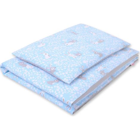 Doppelseitiges 2-teiliges Kinderbettwäscheset aus Baumwolle - blau/graue Häschen (1/3)