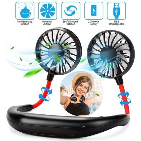 Mini Ventilateur de Cou Climatisation Portable USB, 3 Vitesse Réglable, Rotation à 360° - Double Tête - Ventilateur Sportif avec LED