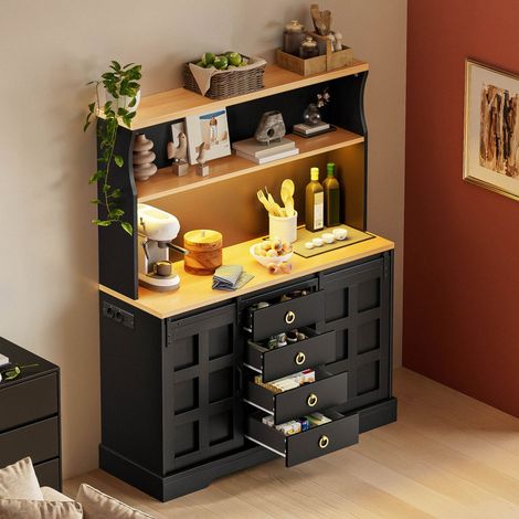 Meuble de cuisine, buffet avec éclairage LED, meuble bar avec prise électrique, casier à vin style grange à 4 tiroirs, 150×120 cm (1/4)