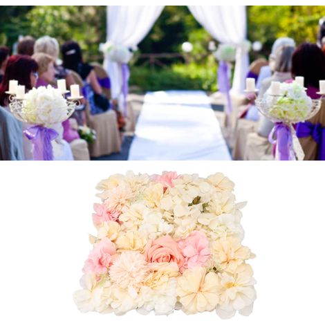 Quadratische künstliche Blumenwand, Blumenarrangement für Hochzeiten, Wand aus künstlichen Rosen und Hortensien, Hochzeitsdekoration, Blumenwand für Einkaufszentren, gelb und rosa. (1/5)