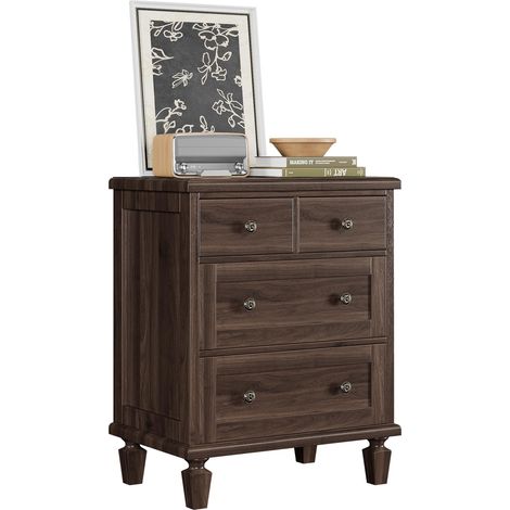 Commode Vintage 4 tiroirs en Bois Massif, Style mi-siècle, poignées sculptées, Pieds fuselés, Robuste pour Chambre, Finition élégante – Couleur : Marron