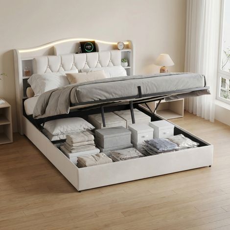 Lit coffre 140x190 cm, sommier à lattestête de lit de rangement et LED RGB, recharge sans fil et USB, velours capitonné - Beige
