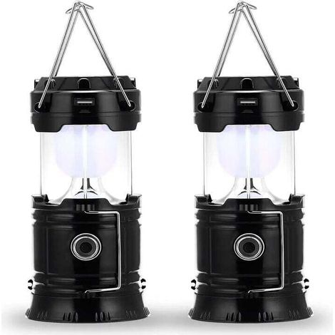 LED camping lamp, plug-in and solar rechargeable, with external battery, waterproof and windproof, for hiking, camping, emergencies, hurricanes, night fishing, IP66 waterproof, 2-pack [Energy Class (1/5)