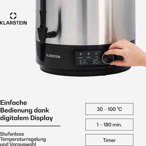 Klarstein Einkochautomat mit Hahn, 25L Glühweinkocher, Edelstahl-Glühweinkocher mit Zapfhahn, Großer Heißwasserspender, 2000W Einkochautomat für Getränke & Speisen, Elektrischer Einkochtopf 30-100°C
