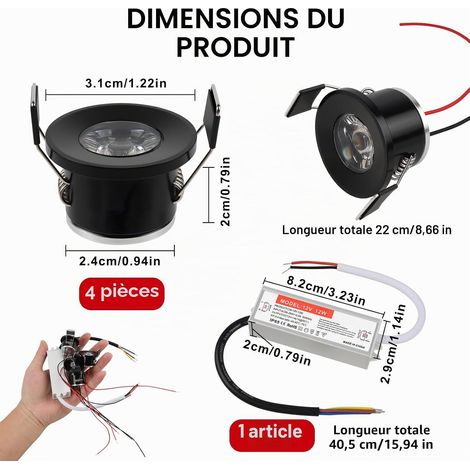 Spots LED Encastrables 1W 12V, pour Salle de Bain, Trou Φ25-28mm, Spots Plafond Cuisine, Mini Spots Led Extra-Plats 19mm, Lot de 4 - Chaud 3000K (1/5)
