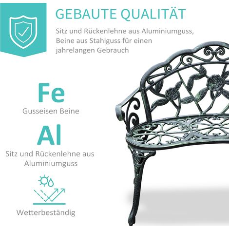 Banc extérieur 2 places en fer forgé, design vintage, décor floral, parfait pour balcon, patio ou terrasse. Charge max 240 kg. Dimensions 100 x 54 x 78 cm. Teinte vert antique. (1/4)