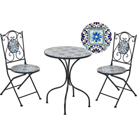 Conjunto de balcón bistró jardín aire libre estilo vintage mesa y sillas con efecto mosaico estructura de hierro negro Aggius (1/5)