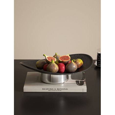 Plateau à fruits aspect bois noir avec base en métal. Idéal pour les fruits, les pâtisseries, les bijoux et autres objets d'entrée. Décoration pour le salon. 30 x 23 cm (1/2)
