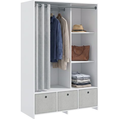 Armoire penderie 105 x 48 x 160 cm avec tringle, rideaux et 3 tiroirs en tissu amovibles, blanc
