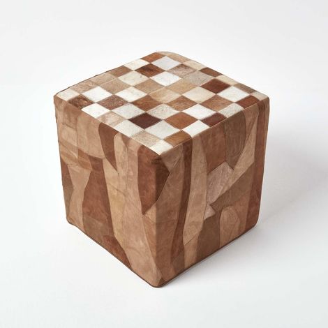HOMESCAPES Brown Patchwork Check Cube Pouffe Leather and Suede 36 x 36 x 38 cm