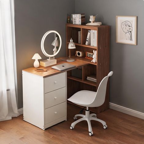 Bureau d'angle blanc avec étagères et tiroirs en panneaux en bois (1/5)