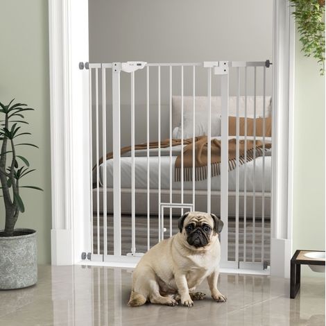 Barrière de sécurité pour chien 74-101 cm, acier blanc, fermeture auto, porte chat FloraGrace (1/5)