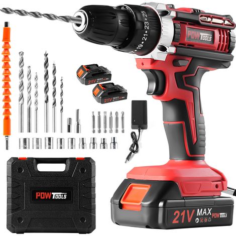Perceuse visseuse sans fil POWTOOLS - 21V - 2 batteries Lithium + 24 accessoires + Chargeur (1/5)