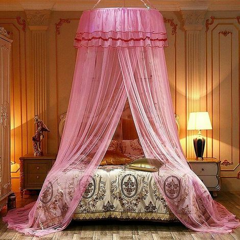 Moustiquaire SEENLIN,Baldaquin Rond Double Dentelle Princesse,Grande Dome Moustiquaire lit Double pour Sans Poinçon,Princesse Tente de Bébé Fille Enfant Adulte, Lit Limple au Lit King Size(Rose) Acces (1/5)