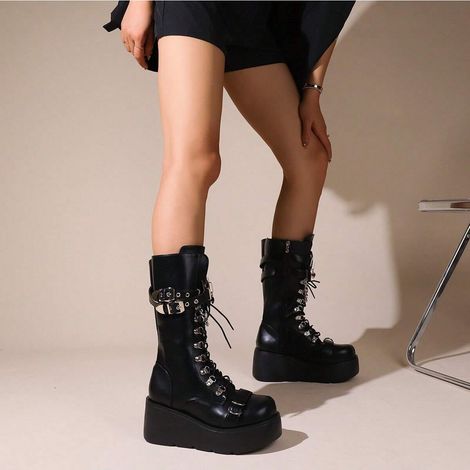 Bottes motard femme à talon compensé, plateforme cloutée avec boucle, tige mi-haute style punk, chaussures de fête, élégantes et robustes (1/5)