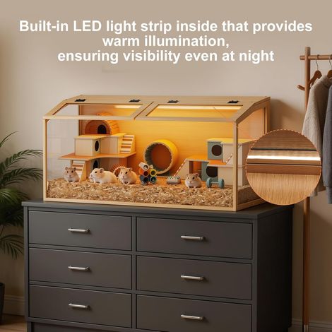 XL Gabbia per roditori gabbia per criceti piccoli animali, in legno + vetro temperato con Luce 100cm