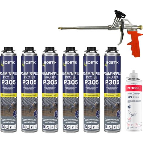 Pack de 6 mousses PU 750ml P305 Bostik + 1 pistolet + 1 nettoyant mousse PU