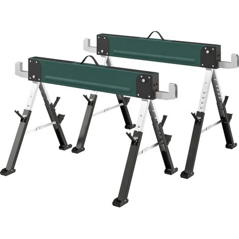 Ensemble de 2 tréteaux pliables en métal, charge maximale 1160 kg, hauteur réglable de 64 à 81 cm, poignée de transport, vert