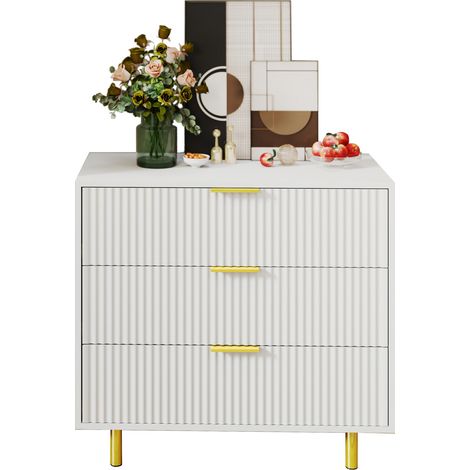 Commode 3 tiroirs blanche avec poignées dorées et pieds métal doré, meuble de rangement moderne pour salon, chambre ou entrée, H72xL80xP40 cm CHICFURN (1/5)