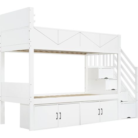 Weißes Etagenbett 90x200 cm mit Stauraumtreppe und Schränken MODENUIT (1/5)