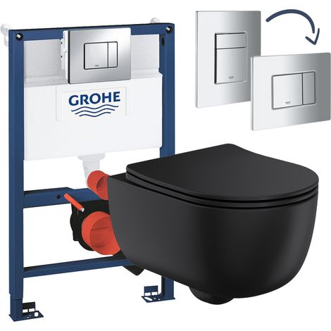 Matt Black Rimless Wall Hung Toilet with Grohe Rapid 0.82m Low Height Concealed Cistern Frame Set - Chrome Plate