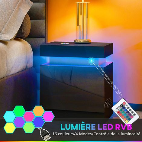 Gutent – Table de chevet noire avec éclairage LED 16 couleurs – 2 tiroirs spacieux – Dimensions 45x35x52 cm – Design moderne et élégant (1/4)