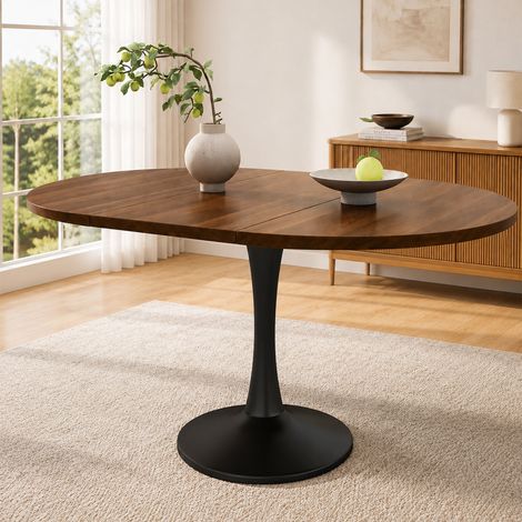 Mesa de comedor extensible, mesa ovalada, mesa de centro/salón, 100/140 cm de largo x 100 cm de ancho x 75 cm de alto, estilo moderno y minimalista, color nogal. (1/5)