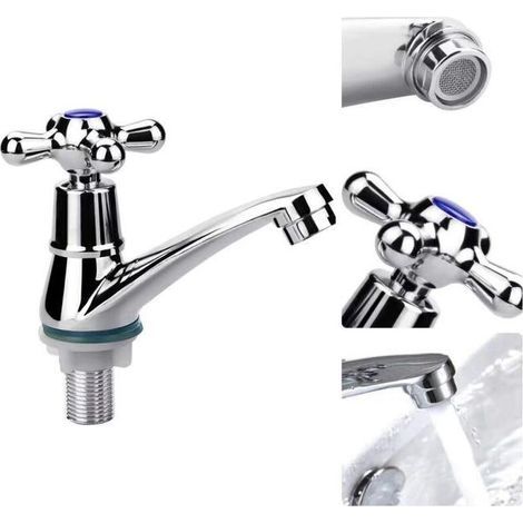 GROOFOO Einhand-Waschtischarmatur, Kaltwasser-Mischbatterie, verchromter Garderoben-Wasserhahn, Kreuzgriff mit Filter (1/5)