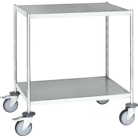 Kongamek Edelstahl- Etagenwagen vollständig geschweißt, 2 Ladeflächen 625x415mm Gummibereifung mit Bremse (1/2)